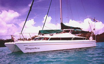 my parents' sailboat ,Simpatica,  a 37 ft Elite Snowgoose  Catamaran that my parents obtained in 1994. Queen Size Bed Forward, 2 aft double cabins. 40 HP VOLVO MD2040 Diesel Engine with SONIC Silletto Steerable Drive Leg. 820 AH of Gel Cells with Separate Starting Battery, Solar Panels & Wind Generator. Glacier Bay 4 cu ft Refrigerator/4.5 cu ft Freezer System. 35 Imp Gal Primary Fuel, 90 Imp Gal Water, PUR Power Survivor - 35 Watermaker. Autohelm ST50 System with ST7000 Autopilot. 5200DX GPS Coupled to Autohelm and SI-TEX T150 Radar.